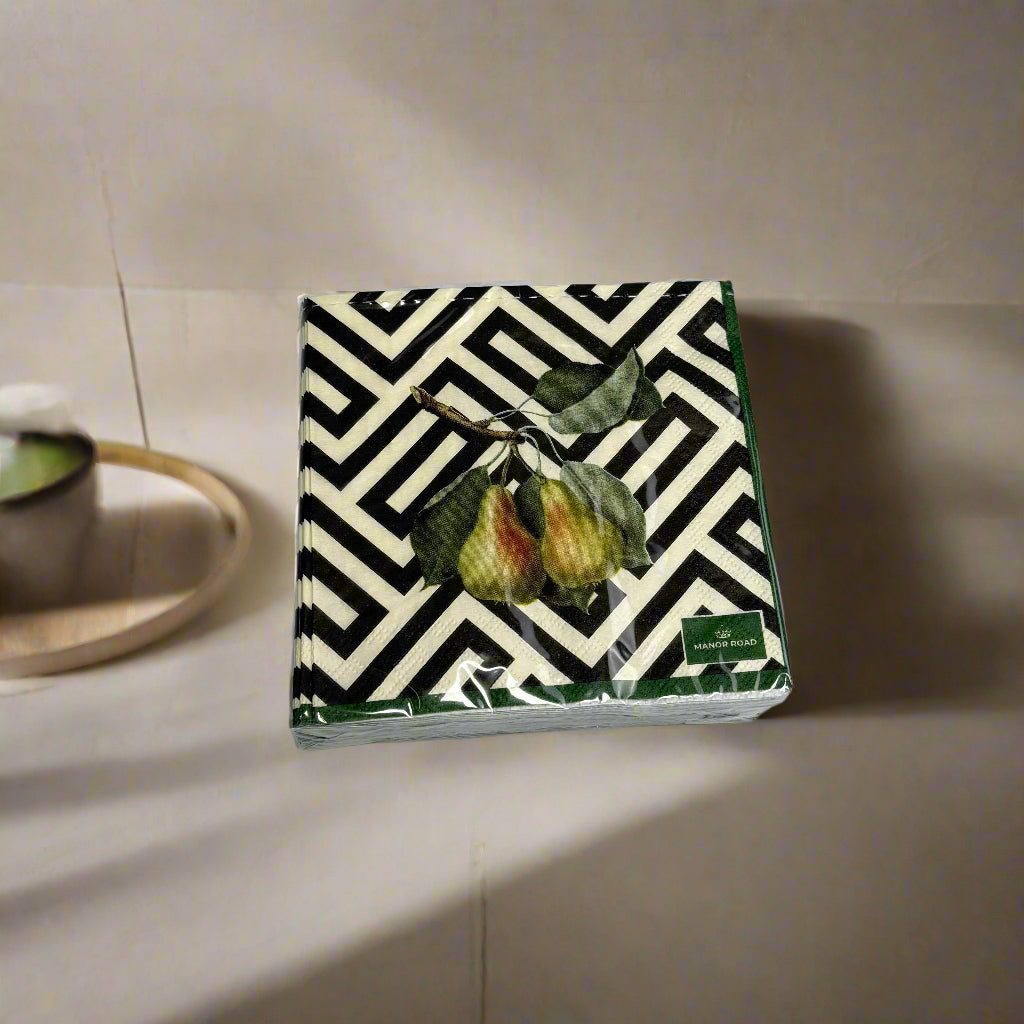 Packaged decorative napkins with pear design on a white background