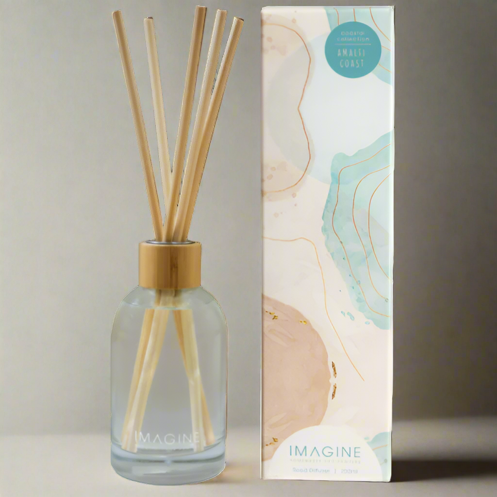 Diffuser bottle with wooden sticks and packaging on a white background