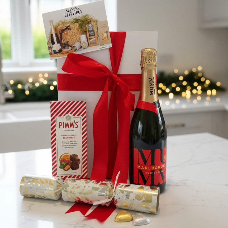 Gift basket with champagne, Pimm's, and Christmas decorations on a table.